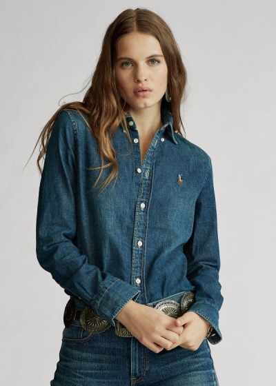 Camisa Polo Ralph Lauren Mujer Azules Azules - Custom Fit Denim - LJTGK0468